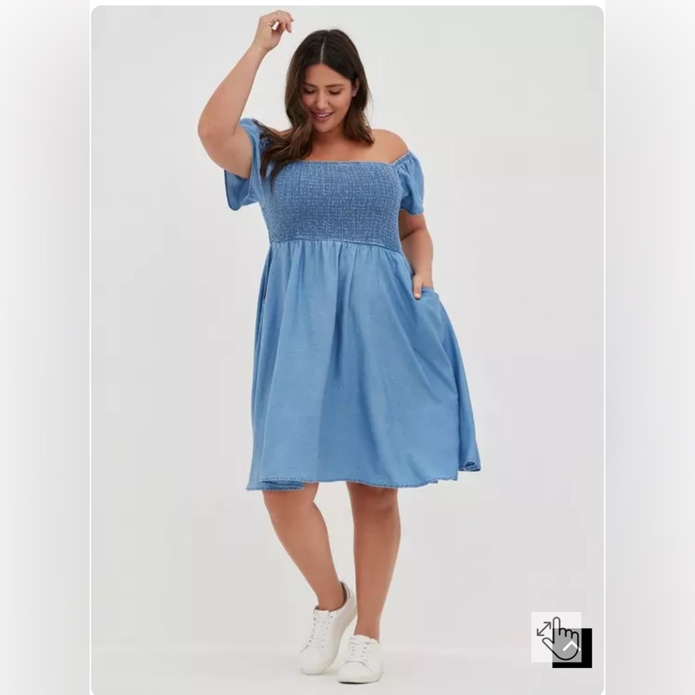 Blue Chambray Off-Shoulder Smocked Skater Dress - Picture 4 of 5